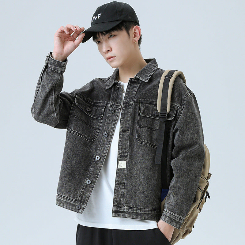 Denim Varsity Jacket Autumn and Winter Bear Patterned Denim Jacket Men's Retro Outerwear Couple Jacket