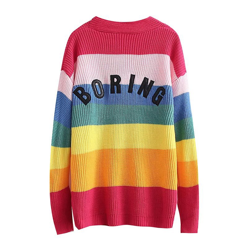 Women Fall Fall Rainbow Embroidered Cardigan V-neck Single Breasted Mid-Length Top