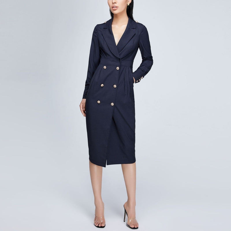 Women Spring Dress Suit Midi Dress V-neck Lapel Double Breasted Temperament High Waist Coat Dress
