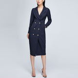 Women Spring Dress Suit Midi Dress V-neck Lapel Double Breasted Temperament High Waist Coat Dress