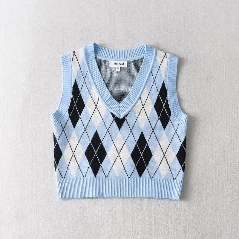 Women Fall Fall Four-Color Diamond Vest V-neck Cropped Small Top