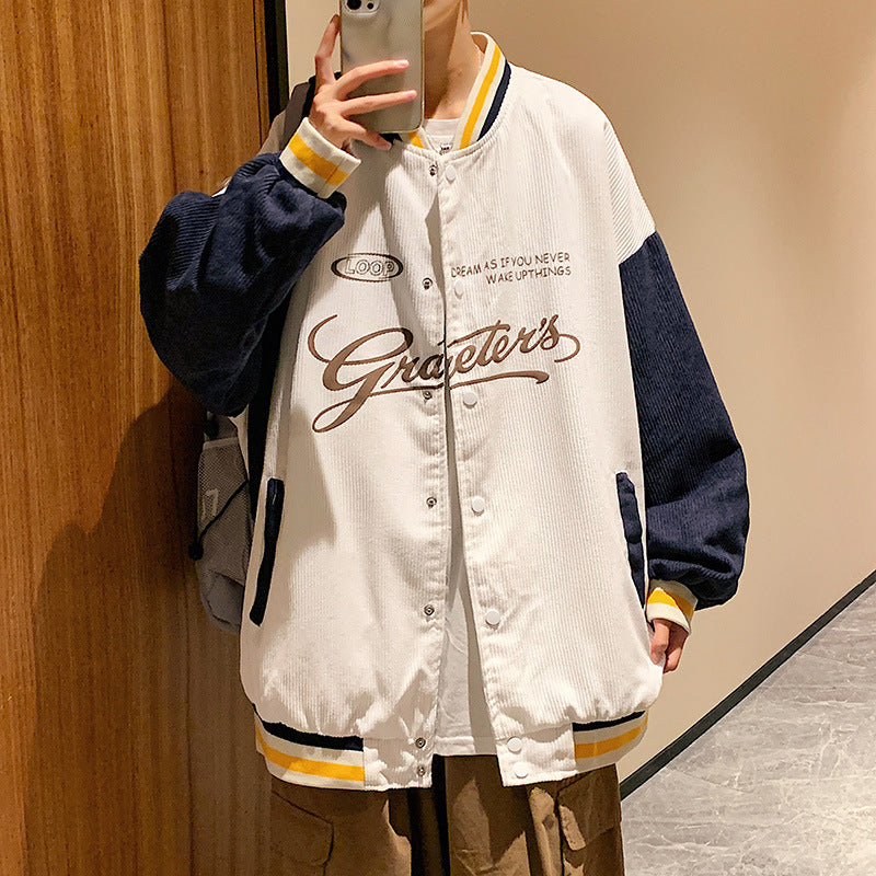 Jock Jacket Couple Corduroy Jacket Autumn Jacket Fall Winter Coat Loose Baseball Uniform Men's Clothing