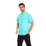 Men Habit Shirts Blue Pocket Decorative Lapel Casual Short Sleeve Solid Color