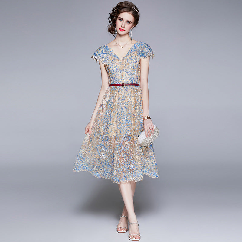 Daisy Buchanan Dress Summer V-neck Sequins Embroidered Large Swing Dress