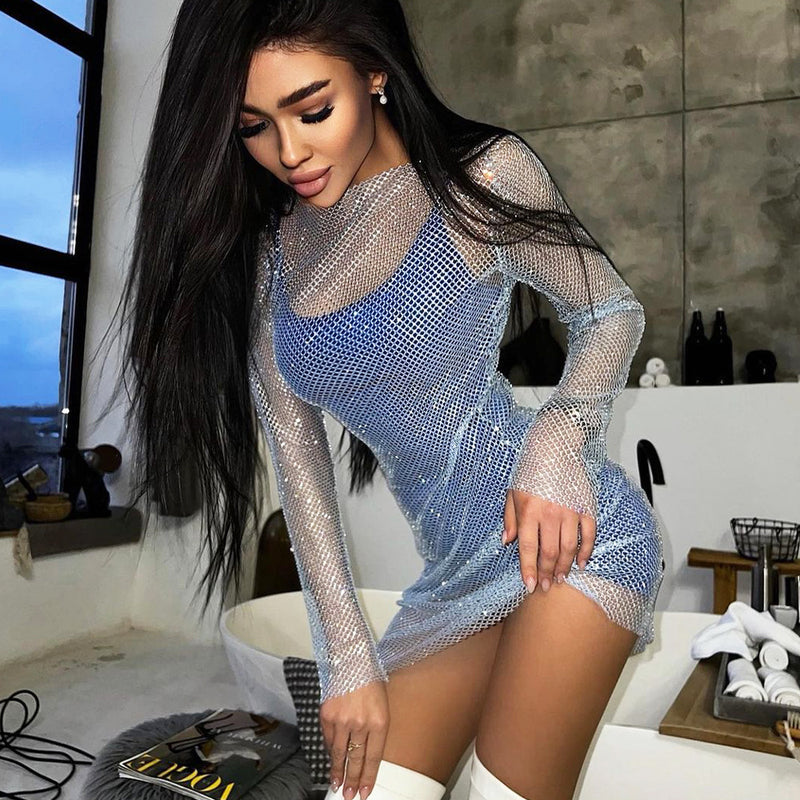 Mini Club Dresses See-through round-Neck Long-Sleeved Dress