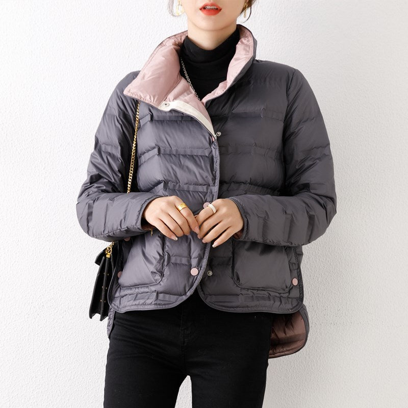 Women Winter Coats Puffer Jacket Down Coat Light Thin Short Double-Sided Different Color Contrast Color Down Jacket