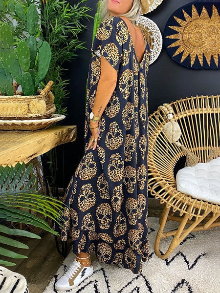 Skull Dress Printed Drop-Shoulder Sleeve Long Swing Dress