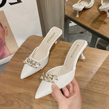 Finn Chain Pointed Toe Mule Closed Toe Sandals Women's Summer Pointed Stiletto Heel High Heels Mules Slippers
