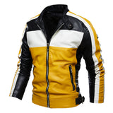 Black Varsity Jacket Racer Jacket Fall Winter Men Leather Men's Color Matching Motorcycle Clothing PU Leather Jacket
