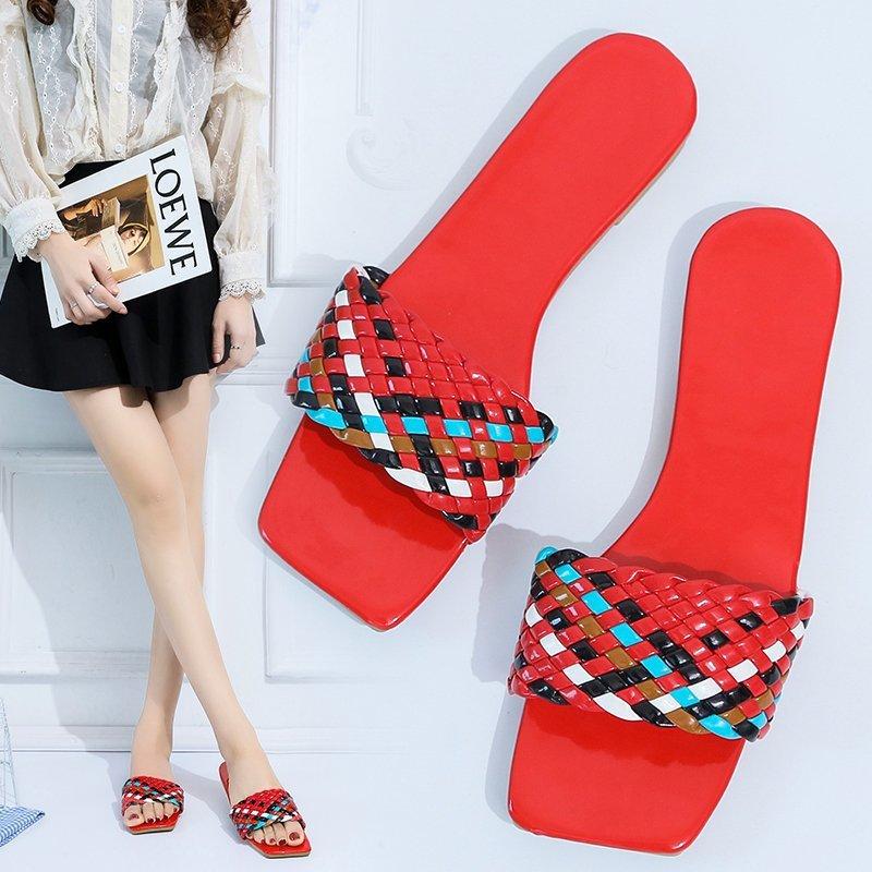 Women Open Toe Sandals Flats Summer Flat Color Woven Slippers