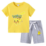 Children Pokemon Pikachu Hoodie T-shirt Shorts Two-Piece Suit Cotton