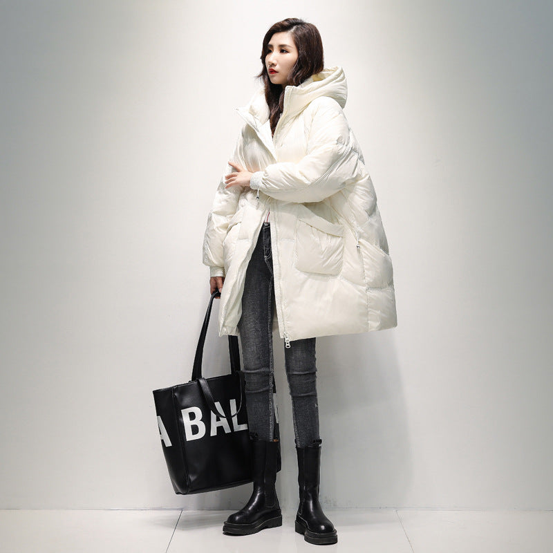 Women Winter Coats Puffer Jacket down Coat Glossy down Jacket Women's Mid-Length Loose Hooded Coat