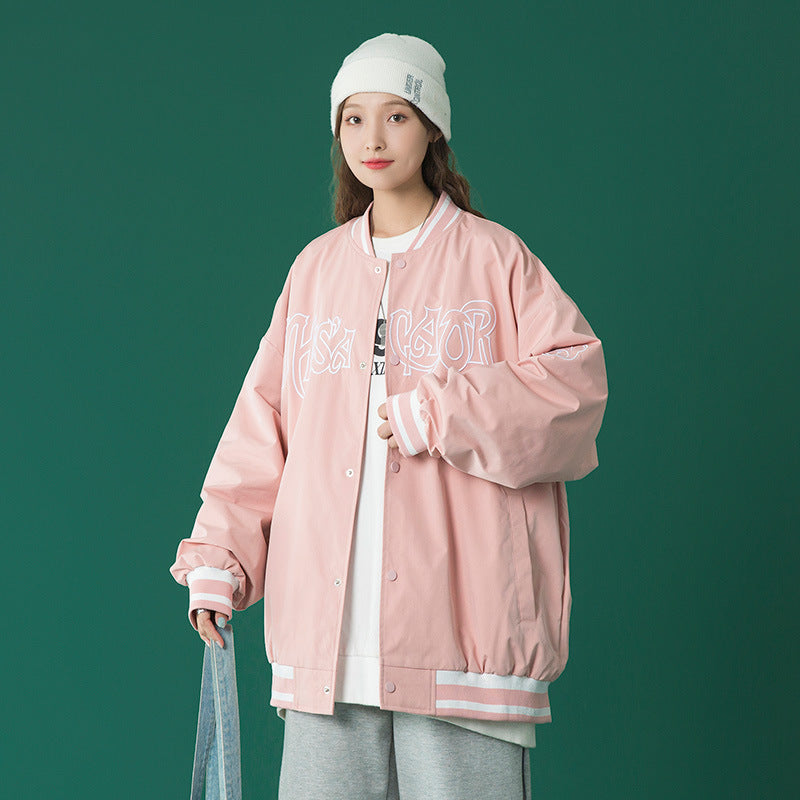 Beige Varsity Jacket Baseball Jacket Women's Retro Spring and Autumn Student Loose Leisure All-Matching Autumn Wear Jacket