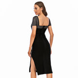 Milkmaid Dress Black High Waist Mid-Length Solid Color Lace-up Midi Dress