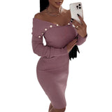 Winter Formal Dresses Button Waist-Controlled Long Sleeves Knitted Sheath Dress