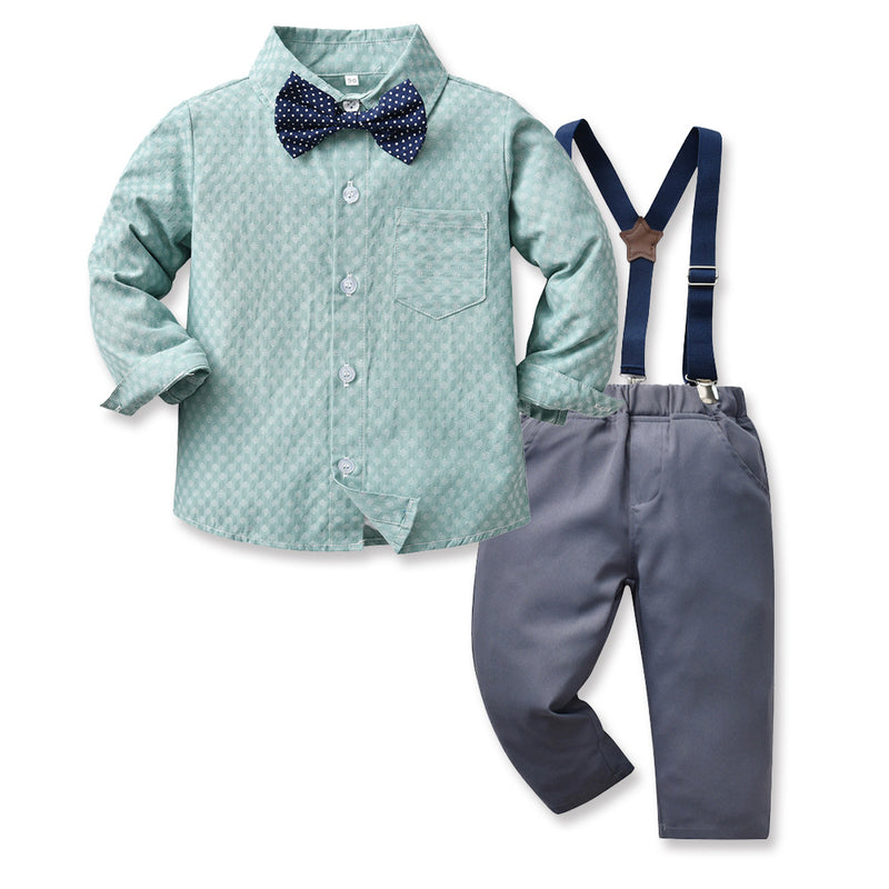 Children Boy Formal Shirt & Suspender Pants 2 Piece Set Autumn Boy Long Sleeve Cotton Shirt