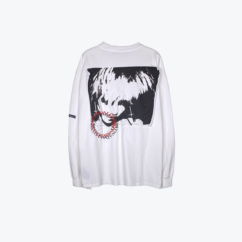 Mens Fall Outfits Dark Depressed Yabi Style Anime Portrait Printing Long Sleeve T-shirt Men and Women Loose