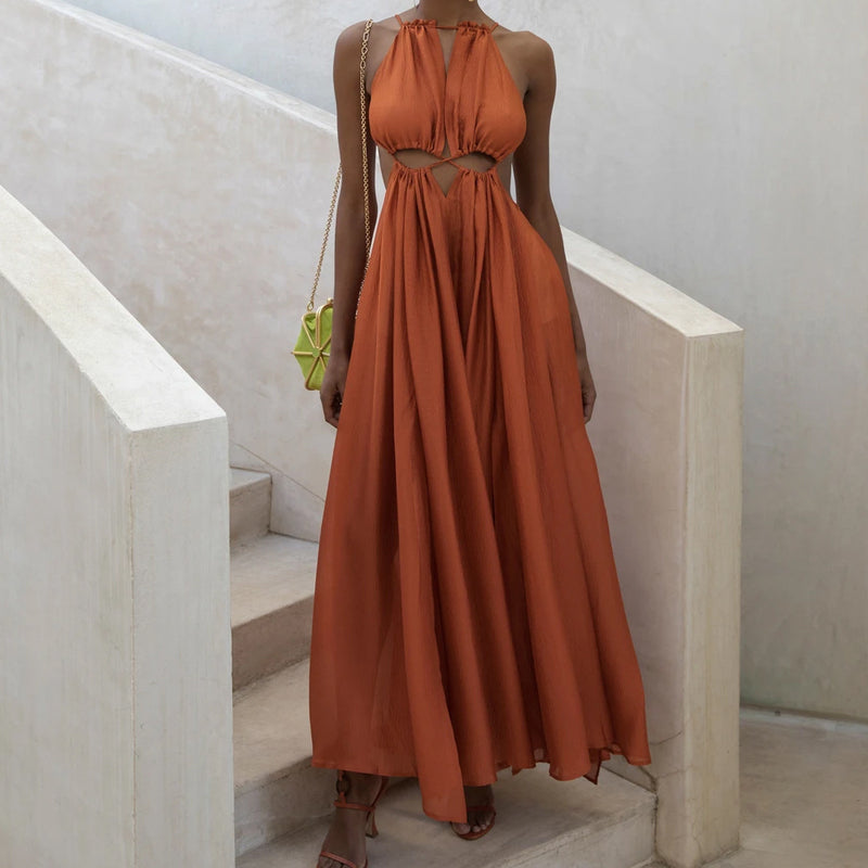 Burnt Orange Dress Summer Halter Swing Dress Back Hollow Sexy Dress