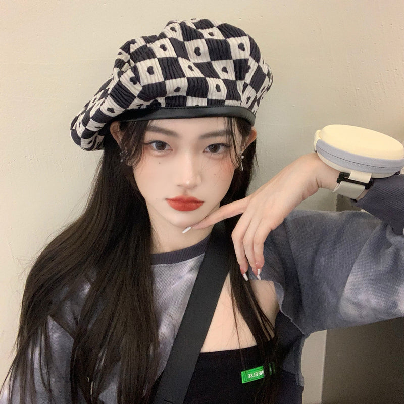 Check Beret Hat Chessboard Plaid Beret Autumn and Winter Cloud Hat