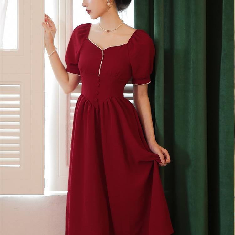 Women Cottagecore Dress Hepburn Style Red Dress Design Sense Summer Formal Dress