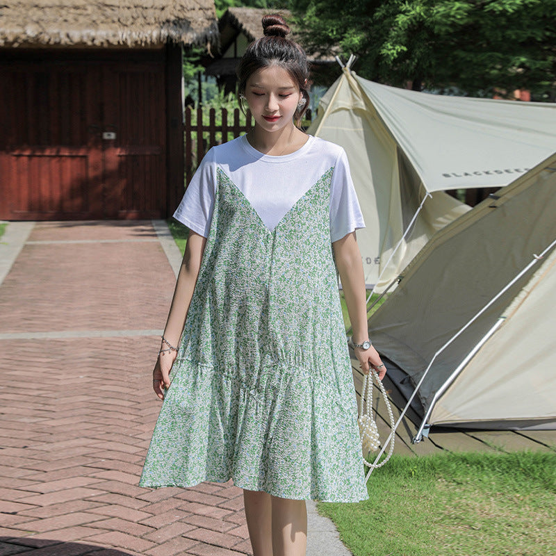 Maternity Clothes Dress Summer Fashion Stitching Ruffle Loose Versatile Fake Two Pieces Short Sleeve Maternity Dress