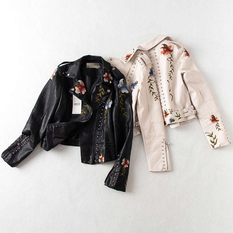 Women PU Leather Jacket Biker Motorcycle Coat Sleeve Zipper Rivet Embroidery PU Leather Motorcycle Clothing Short Coat