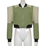 Green Cropped Varsity Jacket Colorblock Baseball Uniform Zip Jacket