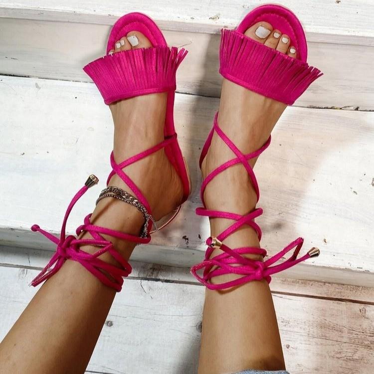 Women Open Toe Sandals Flats Summer Cross Strap Tassel Large Size Flat Bottom Sandals