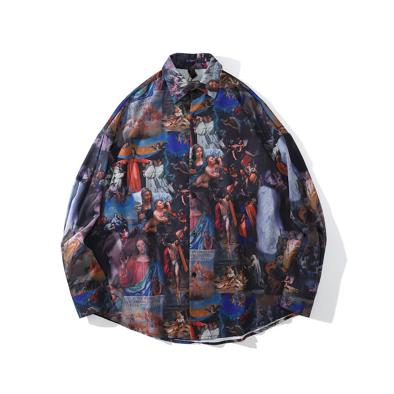 Mens Fall Outfits High Street Hip Hop Oil Painting Graffiti Shirt Retro Loose Couple Coat Men and Women