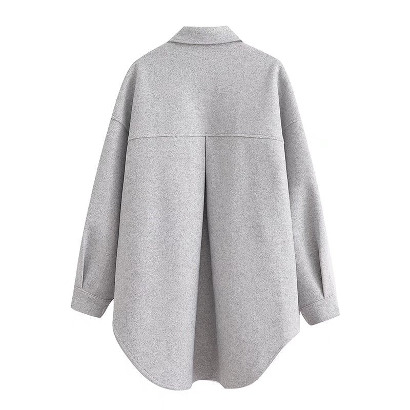 Women Fall Fall Woolen Loose Shirt Coat Single-Breasted Mid-Length Top