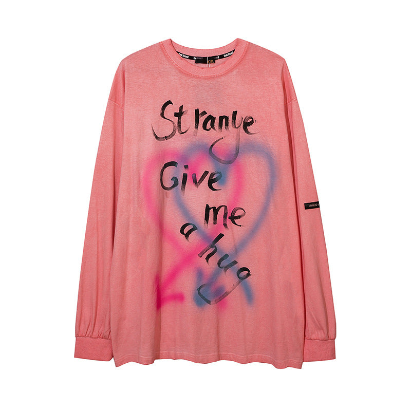 Mens Fall Outfits Retro Washed Distressed Tie-Dye Hand Painted Graffiti Printed Loose Long Sleeves T-shirt