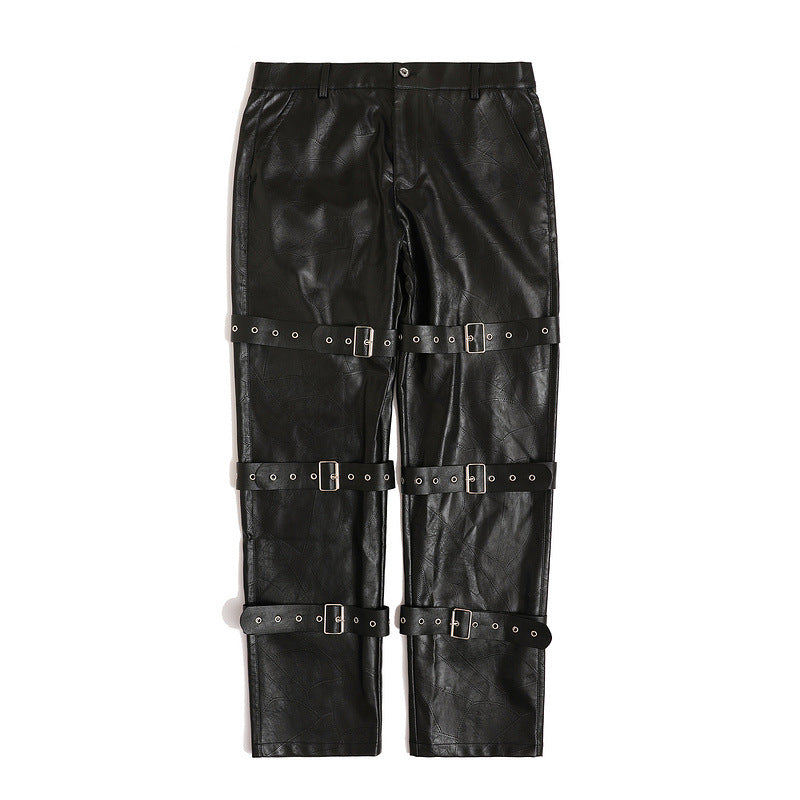Mens Fall Outfits High Street Strap PU Leather Wide-Leg Pants Male Couple Straight-Leg Trousers