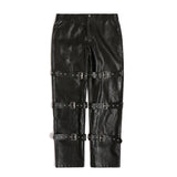 Mens Fall Outfits High Street Strap PU Leather Wide-Leg Pants Male Couple Straight-Leg Trousers