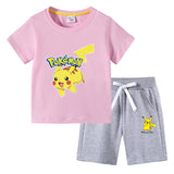 Children Pokemon Pikachu Hoodie T-shirt Shorts Two-Piece Suit Cotton