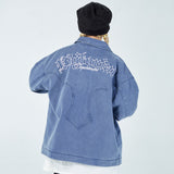 Men Denim Coat Jean Jackets Letter Embroidery Washed Do the Old Cowboy Coat Men Loose Lapels Denim Clothes Jacket