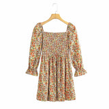 Women Fall Fall Two-Color Printed Dress Elastic Square Collar Skirt
