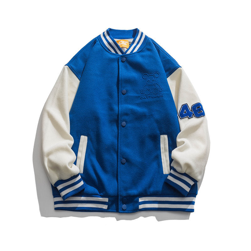 Baby Blue Varsity Jacket Baseball Uniform Color Contrast Patchwork Boys Jacket