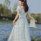 Women's cottagecore Dress Retro French Gentle Elegant Plaid Puff Sleeve Dress for Women Summer