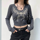 90S Fashion Autumn Street Retro Hot Rhinestone Printed Long-Sleeved T-shirt for Hot Girls