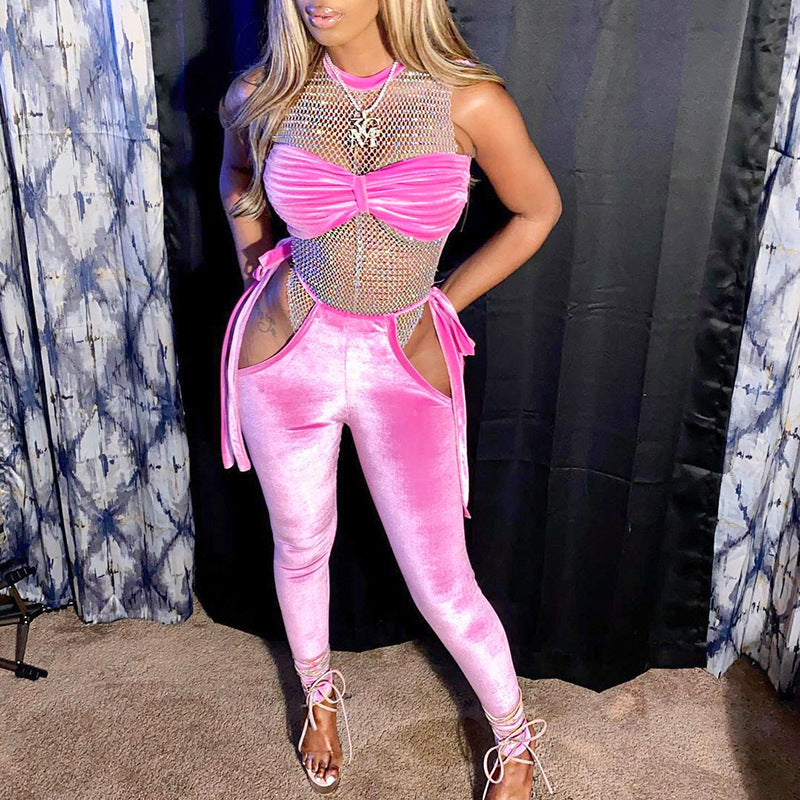 See through Pants Suit Women's Fashion Casual Solid Color Trousers Suit Velvet Two-Piece Suit Women