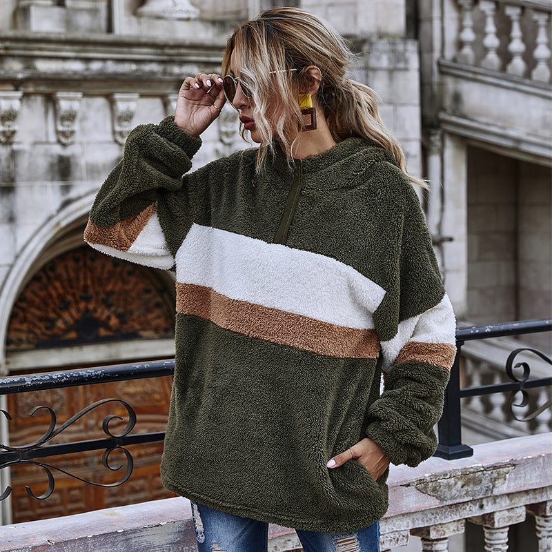 Women Winter Coats Plush Women's Clothing Jacket Long-Sleeved Striped Loose Hooded Urban Casual Jacket