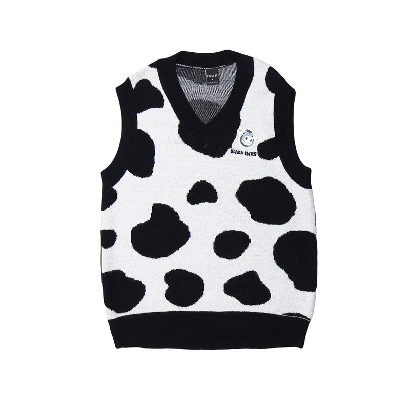Mens Fall Outfits Vintage Cows Pattern Knitted Vest Man Loose Couple Pullover Sleeveless Sweater