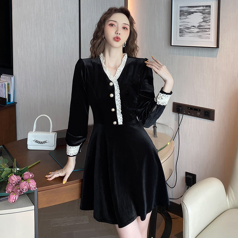 Winter Formal Dresses French Dress Gold Velvet Skirt for Women Autumn and Winter
