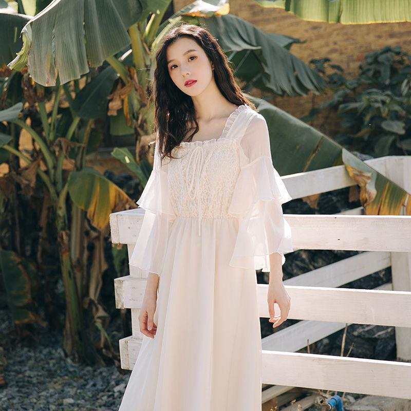 White Cottagecore Vacuum Dress Chiffon Corset Slimming Lace Patchwork Long Dress