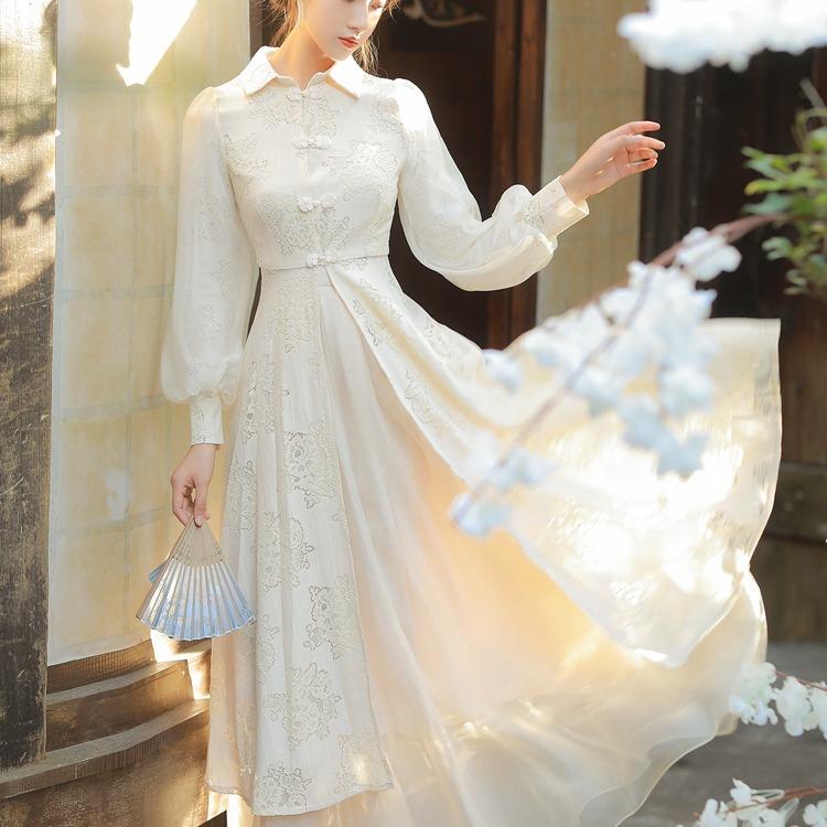 Lantern Long Sleeve Lapel Vintage Lace cottagecore aesthetic dress