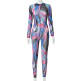 Printed round Neck Long Sleeve Hollow out See-through Tight Trousers Mesh Jumpsuit
