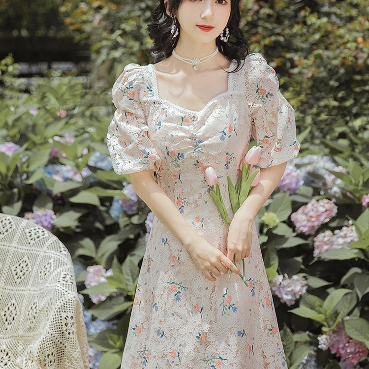 Women's Cottagecore Dress Square Collar Puff Sleeve Lace Dress Women's Summer Floral Waist-Tight Dress