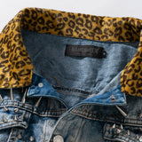 Patchwork Denim Jacket Leopard Print Lapel Punk Trendy Denim Jacket