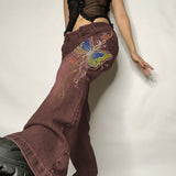 Julia Fox Low Rise Trousers Printed Retro Style Washed Jeans Casual