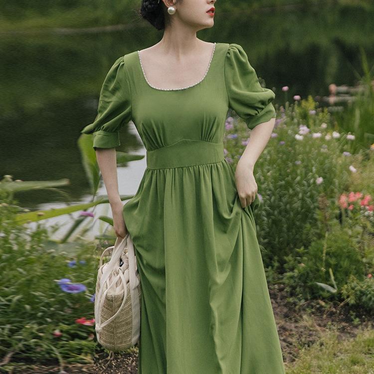 Women's Cottagecore Dress Retro Puff Sleeve Pearl Square Collar Green Dress Women's Summer Long Dress
